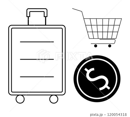 Cart, suitcase and dollar sign in line art style. Ideal for travel, shopping, commerce, finance, and retail. Minimalist and modern style. Black and white Cart, suitcase and dollar sign in line art style. Ideal for travel, shopping, commerce, finance, and retail. Minimalist and modern style. Black and white 120054318
