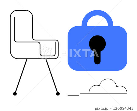 A minimalist chair and a blue lock with a cloud base create a simple yet profound visual. Ideal for office security, cyber protection, work environments, privacy themes, and modern design concepts 120054343