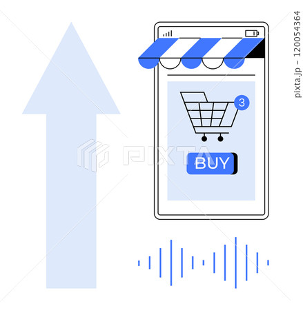 Mobile device with shopping cart, number 3, and buy button. Growth arrow and soundwaves. Ideal for online shopping, digital marketing, e-commerce, mobile apps, and technology. Modern, clean, vector 120054364