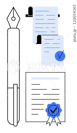 Fountain pen, scroll, document with check mark, certificate with blue seal. Ideal for legal, business, education, finance, and administration themes. Simple line art style with minimal colors 120054365