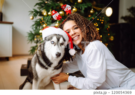 Beautiful woman playing, having fun with her dog while sitting near christmas tree. Winter holidays. Beautiful woman playing, having fun with her dog while sitting near christmas tree. Winter holidays. 120054369