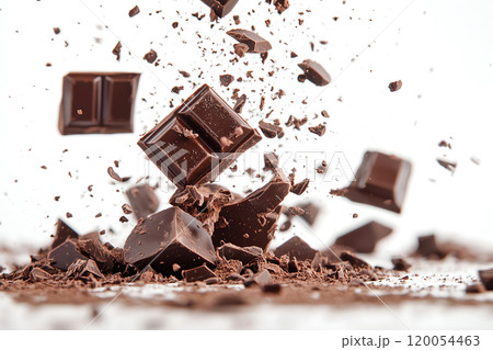 Chocolate pieces splintering and scattering on a white surface, capturing the texture and rich color 120054463