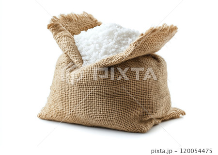 A burlap sack filled with coarse white salt sits on a plain background showcasing its natural 120054475