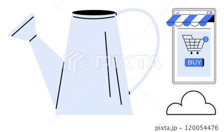 A blue watering can next to a smartphone with a shopping cart icon and a cloud symbol. Ideal for online gardening, e-commerce, digital tools, cloud storage, home gardening. Simple modern style 120054476