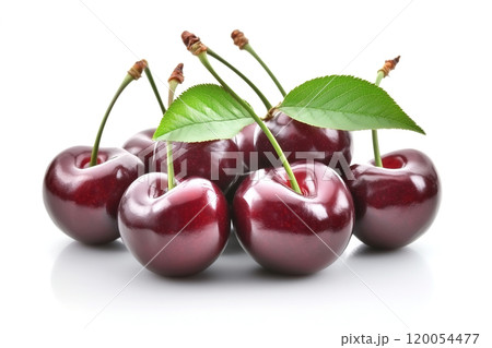 Fresh red cherries with green leaves arranged elegantly on a white background for a vibrant and 120054477