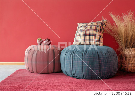 Contemporary living space with colorful poufs, plaid cushion, and natural decor elements in a cozy 120054512