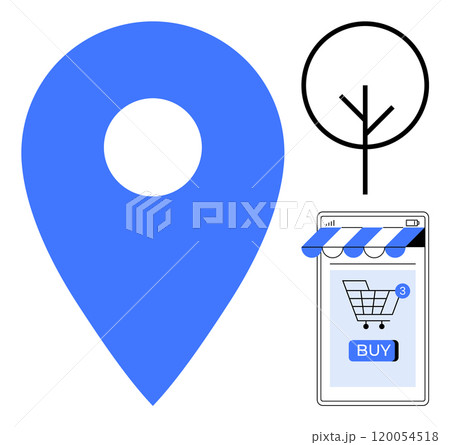 Large blue location pin, a simplified tree symbol, and a smartphone with a shopping cart and buy button. Ideal for online shopping, navigation apps, location services, minimalistic design 120054518