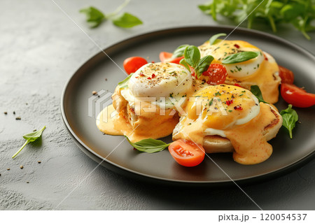 Delicious eggs Benedict served on a black plate with fresh tomatoes and herbs, perfect for brunch at 120054537