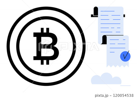 Large Bitcoin symbol with a digital transaction receipt marked with a checkmark. Minimalist style. Ideal for cryptocurrency, blockchain technology, digital finance, online transactions, virtual 120054538