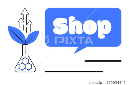 A plant grows from a laboratory flask suggesting growth innovation and eco-friendly science. Ideal for business green technology e-commerce startups and innovation. Minimalist modern style 120054543