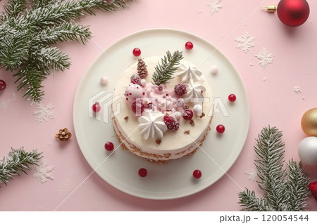 Delicious holiday cake decorated with berries and pine on a festive pink backdrop during winter 120054544