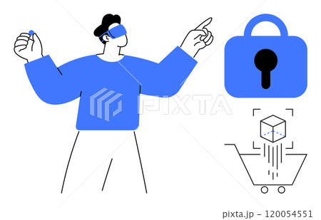 Person wearing a VR headset interacting with security and e-commerce elements such as a lock and an abstract shopping cart. Ideal for technology, virtual reality, online security, digital innovation 120054551