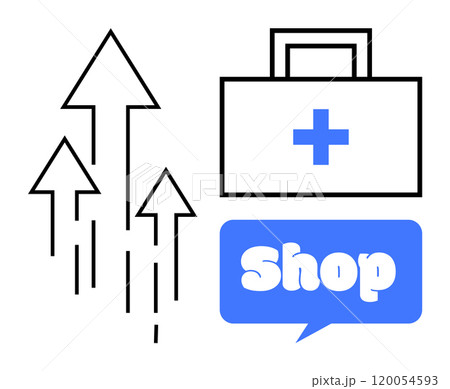 Bag with medical cross and speech bubble with shop next to upward arrows. Ideal for healthcare, medical services, online shopping, e-commerce, pharmacy business. Minimalist style illustration Bag with medical cross and speech bubble with shop next to upward arrows. Ideal for healthcare, medical services, online shopping, e-commerce, pharmacy business. Minimalist style illustration 120054593