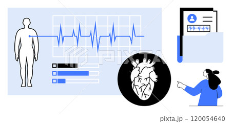 Medical scene showing human outline with heartbeat graph, heart diagram, file with patient information, and a person pointing. Ideal for healthcare, cardiology, patient records, medical education 120054640