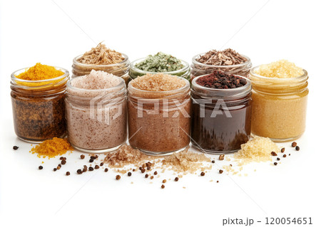 A variety of spices and herbs displayed in jars on a white background with decorative elements A variety of spices and herbs displayed in jars on a white background with decorative elements 120054651