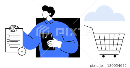 Shopping concept. Man holding a tablet and checklist with a shopping cart, clock and cloud. Ideal for online shopping, organization, productivity, retail, and e-commerce themes. Minimalist clean 120054652