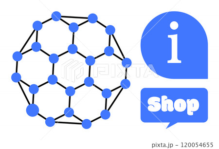 A blue network graph with interconnected nodes is displayed alongside information and shopping buttons. Ideal for technology, science, web development, e-commerce, and digital education themes A blue network graph with interconnected nodes is displayed alongside information and shopping buttons. Ideal for technology, science, web development, e-commerce, and digital education themes 120054655