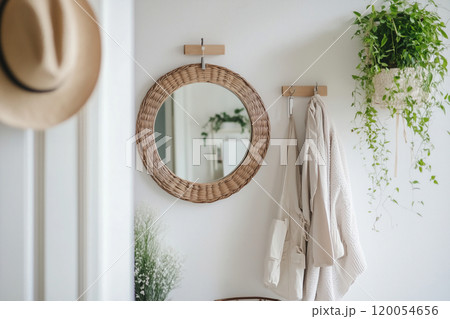 Cozy home interior featuring a circular mirror, hanging plants, and a soft sweater in a bright room Cozy home interior featuring a circular mirror, hanging plants, and a soft sweater in a bright room 120054656