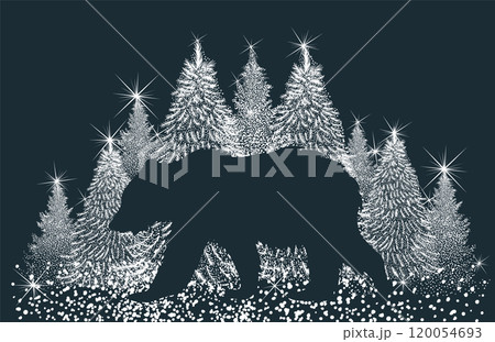 Silhouette of a bear . snowy forest. hand drawing. Not AI, Vector illustration 120054693