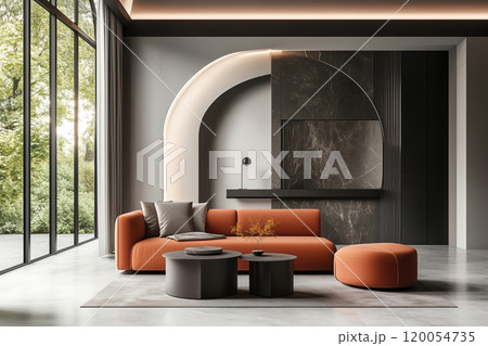 Stylish modern living room with an orange sofa and elegant arch feature, located in a bright 120054735