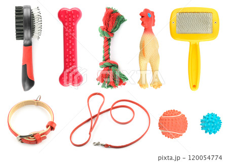 Accessories and toys for dogs and cats isolated on white 120054774