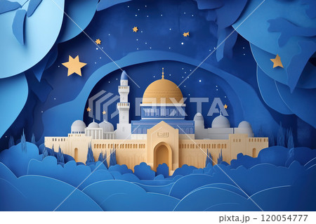 A stunning paper art depiction of the Dome of the Rock illuminated by stars against a night sky A stunning paper art depiction of the Dome of the Rock illuminated by stars against a night sky 120054777