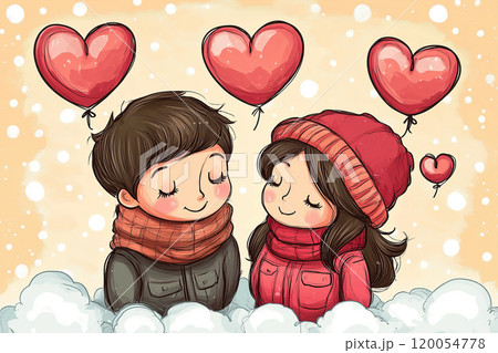 A couple sharing a joyful moment with heart-shaped balloons in a snowy landscape during winter A couple sharing a joyful moment with heart-shaped balloons in a snowy landscape during winter 120054778