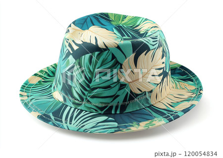 Colorful tropical patterned hat placed on a clean surface, showcasing vibrant leaves and a playful 120054834