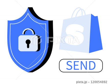 A shield with a lock symbol sits beside a shopping bag and a send button on a white background. Ideal for e-commerce, online security, payment protection, digital transactions, and cyber safety 120054892