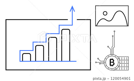 Stylized upward growth chart with blue arrow, framed landscape image, and Bitcoin symbol with circuit lines. Ideal for finance, cryptocurrency, investment, economics, and digital technology 120054901