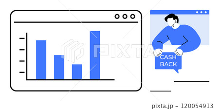 A user holding a cashback sign located next to a bar graph on a screen platform. Ideal for finance, online shopping, data analysis, financial planning, business analytics. Minimalist vector style in 120054913