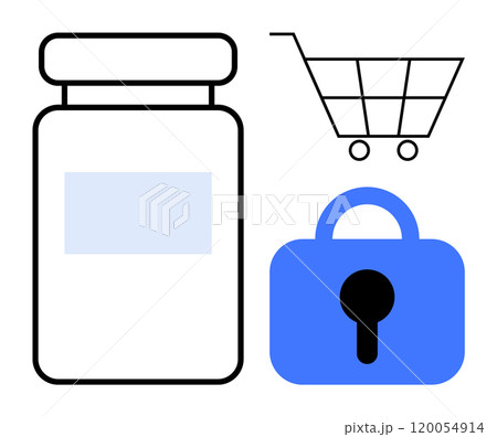 Black and white medicine bottle next to a shopping cart and blue lock. Ideal for online pharmacy, e-commerce safety, medicine purchase, digital security, and healthcare access themes. Minimalist 120054914