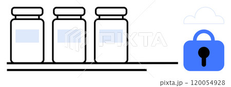 Three jars sit on a shelf beside a cloud and padlock, symbolizing secured digital storage and protection of data. Ideal for data security, cloud storage, digital archiving, data protection Three jars sit on a shelf beside a cloud and padlock, symbolizing secured digital storage and protection of data. Ideal for data security, cloud storage, digital archiving, data protection 120054928
