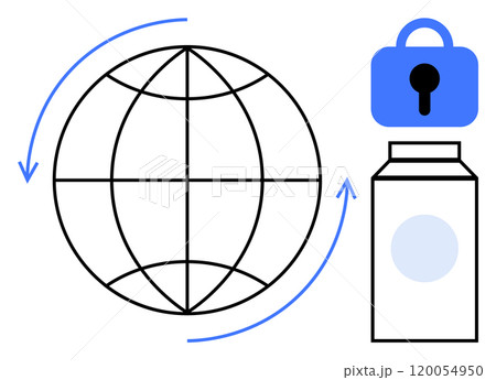 Depicts a globe with arrows circling, a padlock, and a milk carton. Ideal for concepts in data security, global connectivity, secure storage, dairy product safety, and confidentiality. Clean Depicts a globe with arrows circling, a padlock, and a milk carton. Ideal for concepts in data security, global connectivity, secure storage, dairy product safety, and confidentiality. Clean 120054950