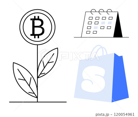Bitcoin plant, calendar, and shopping bag outlined against a white background. Ideal for digital currency, financial planning, investment growth, e-commerce, and modern technology. Style 120054961
