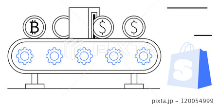 A conveyor belt system producing coins with Bitcoin and Dollar symbols alongside a gear mechanism. A shopping bag indicating online commerce lies to the right. Ideal for finance automation e-commerce 120054999