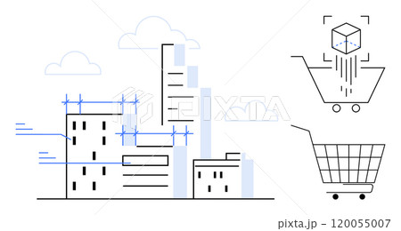 Line art depicting urban buildings construction on the left with superimposed blueprints and two shopping carts and a cube on the right. Ideal for architecture, urban planning, e-commerce 120055007
