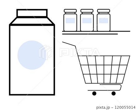 Large milk carton next to a shopping cart with three jars on a shelf. Ideal for grocery shopping themes, online stores, product packaging, retail promotions, and supermarket advertisements. Simple 120055014