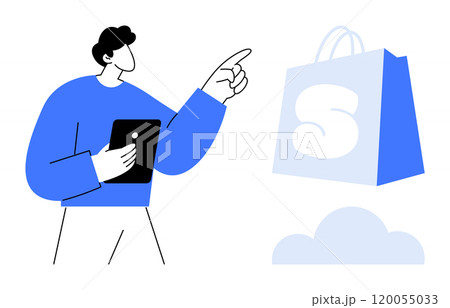 Man holding tablet, pointing at floating shopping bag with cloud background. Ideal for online shopping, e-commerce, cloud technology, digital marketing, and retail. Minimalist design 120055033