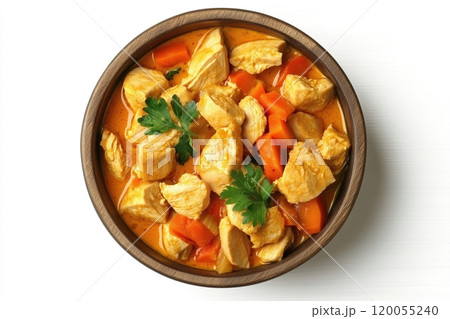 Delicious chicken curry with carrots and herbs served in a rustic bowl, perfect for a cozy evening Delicious chicken curry with carrots and herbs served in a rustic bowl, perfect for a cozy evening 120055240