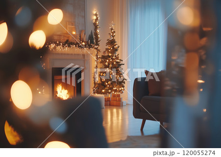 Cozy living room decorated with a Christmas tree and a warm fireplace during the festive holiday 120055274