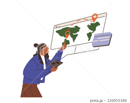 Man studying destination map with marks. Guy works with world map with markers of buyers for worldwide delivery vector illustration. International logistics and cargo, postal mail delivery service Man studying destination map with marks. Guy works with world map with markers of buyers for worldwide delivery vector illustration. International logistics and cargo, postal mail delivery service 120055389