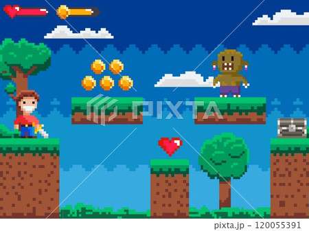 A pixel art-style game scene with a character collecting coins, an enemy, a heart, and a treasure chest on floating platforms. Bright and colorful with a retro game feel. Ideal for retro games, pixel 120055391