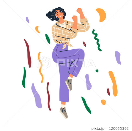 Celebration concept. Woman dancing energetically with colorful confetti around her, wearing a checkered shirt and purple pants. Ideal for parties, festivals, joyful events, lifestyle promotions 120055392