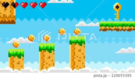 Brightly colored pixelated sky background with clouds platforms coins and a key. Ideal for retro video games nostalgia digital art pixel art design adventure games. Features clouds hearts and a blue 120055395