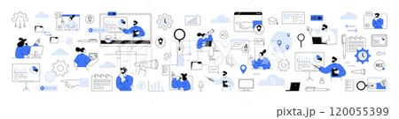 Virtual collaboration, video conferencing, remote project management. Team members collaborate projects presentation screens. Business marketing strategies, team management, project planning, and data 120055399