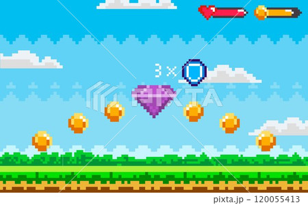 Scenic video game level in pixel art style with a purple gem and gold coins floating in the sky. Heart and sword icons in top right corner denote player status. Ideal for gaming, nostalgia, retro 120055413