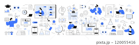 Online courses, virtual classroom, e-learning platforms. Online education people using computers, tablets educational tools. Online classes, e-learning platforms, remote education, digital classrooms 120055416