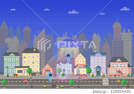 Alien spacecraft hovers above a city street with colourful houses and a vibrant urban skyline as background. People look at the event with amazement. Ideal for sci-fi, urban life, fantasy, childrens Alien spacecraft hovers above a city street with colourful houses and a vibrant urban skyline as background. People look at the event with amazement. Ideal for sci-fi, urban life, fantasy, childrens 120055420