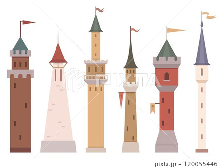 Six differently styled tall towers with various flags. Ideal for medieval themes fairytales architecture historical education and childrens stories. Clean and minimalist style suitable for 120055446